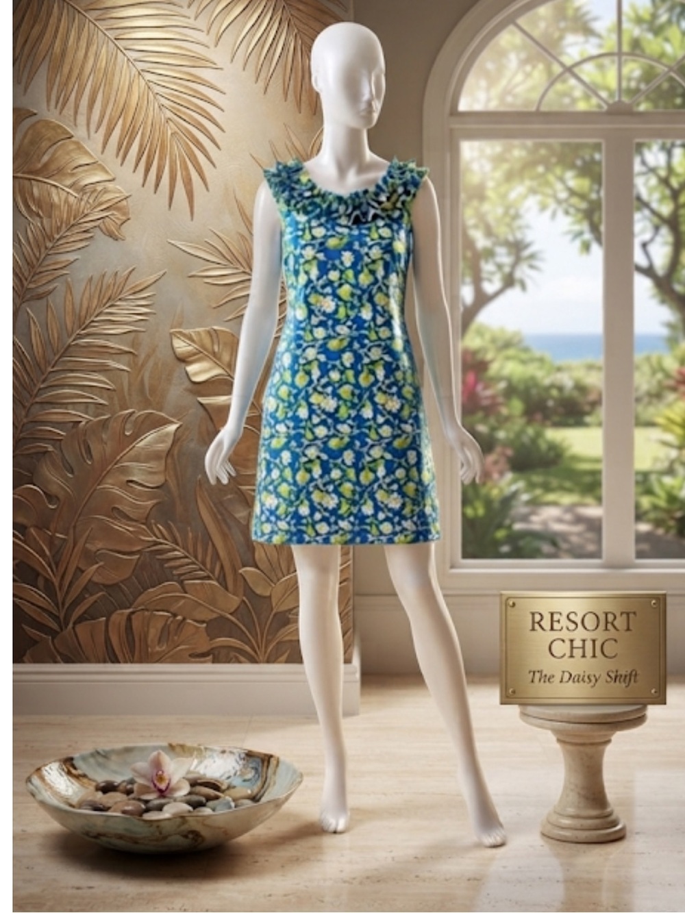 Barbara Gerwit  Vintage Blue Yellow Floral Daisy Shift Dress Ruffle Neck Size M